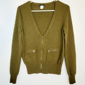 J. Crew Olive Green Wool/Cashmere/Nylon Blend V-Neck Zip-Up Sweater. Size Medium